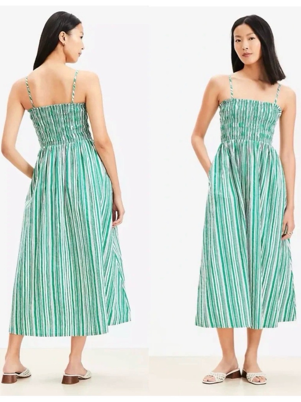 Loft Women's Striped Poplin Smocked Strappy Dress, 100% Cotton
